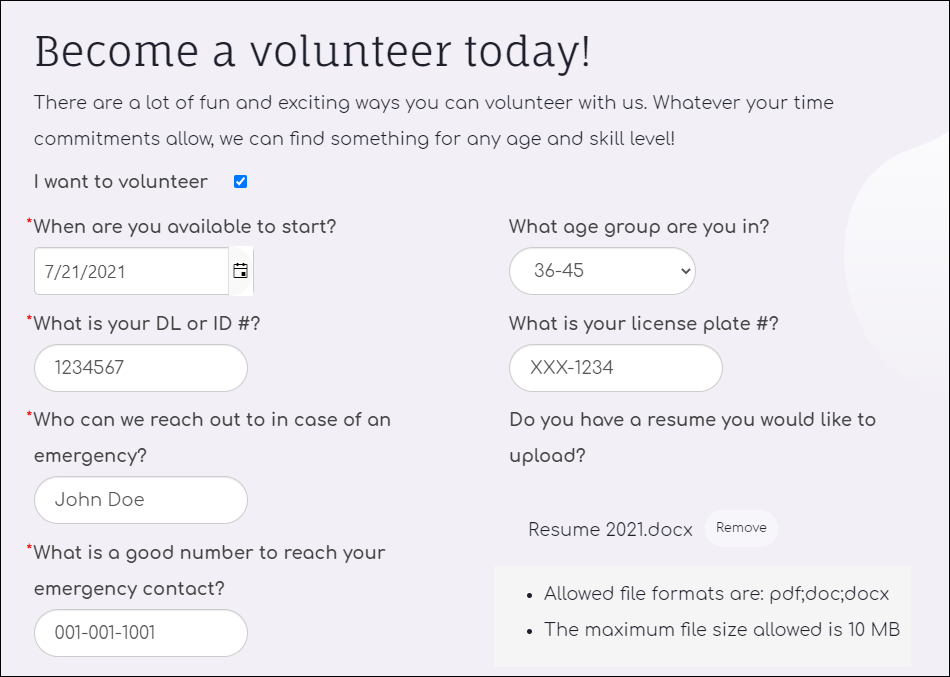 Volunteer sign up fields